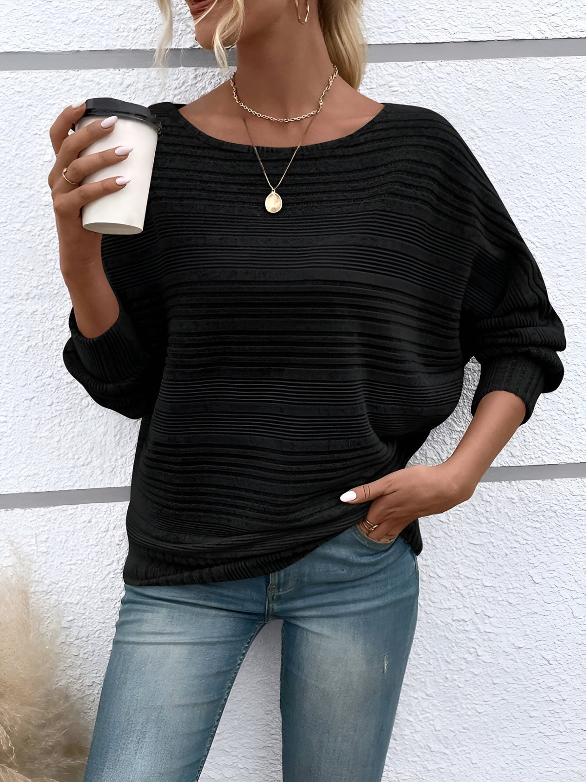 Round Neck Batwing Sleeve Solid Color Blouse
