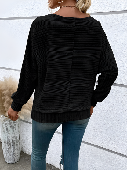 Round Neck Batwing Sleeve Solid Color Blouse