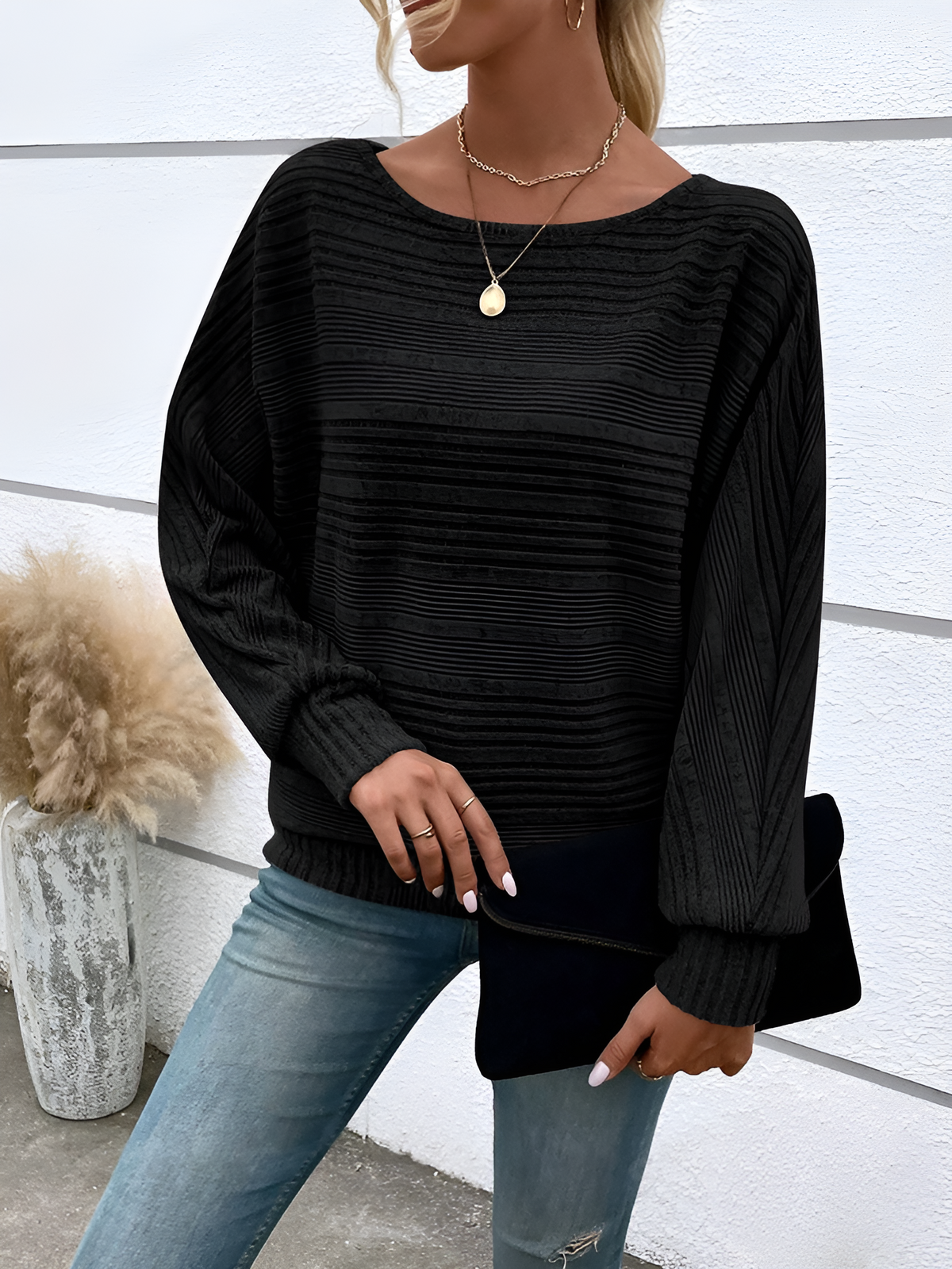 Round Neck Batwing Sleeve Solid Color Blouse