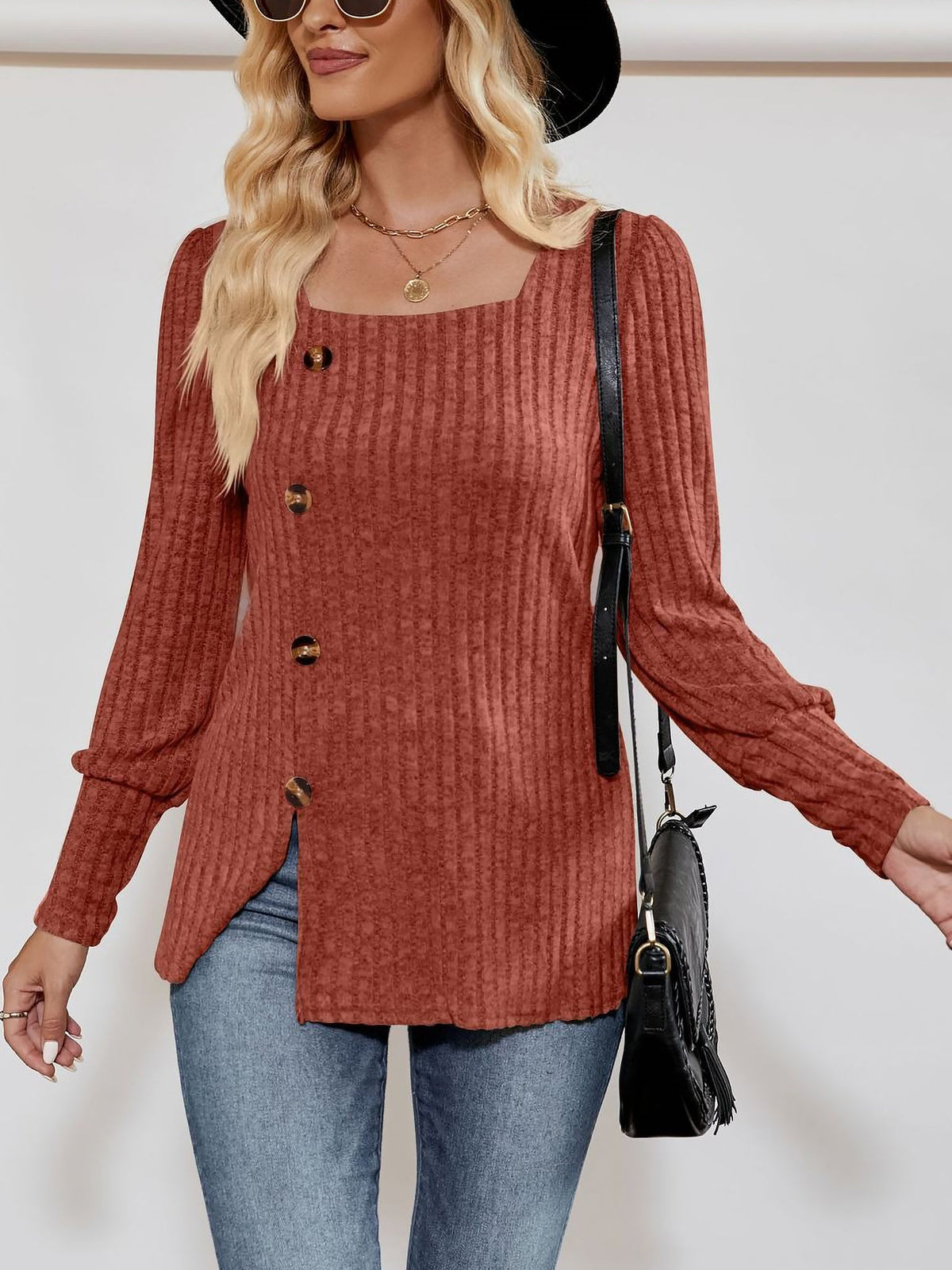 Square Neck Long Sleeve Button Decor Split Blouse