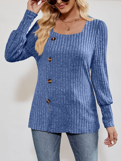 Square Neck Long Sleeve Button Decor Split Blouse