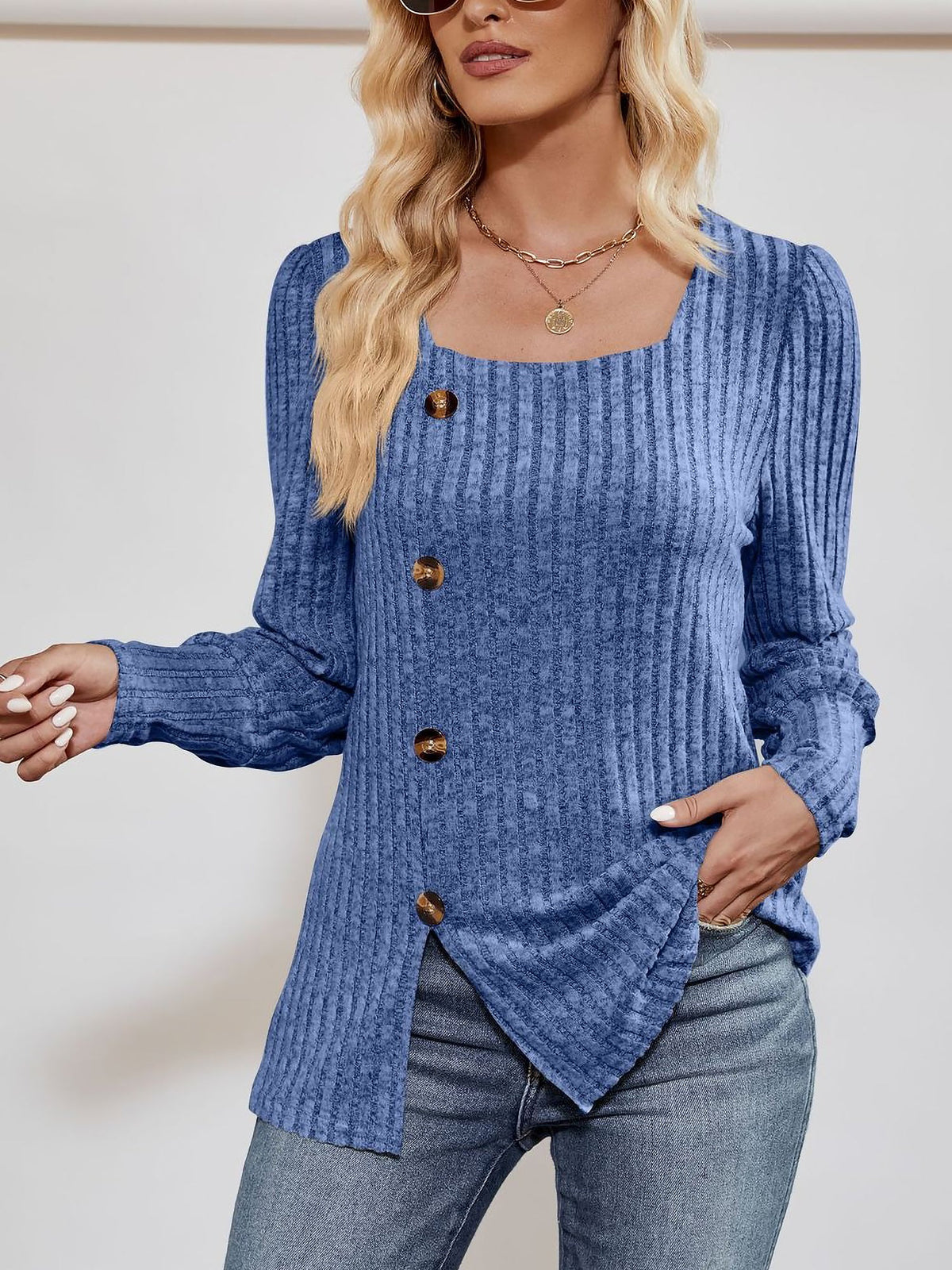 Square Neck Long Sleeve Button Decor Split Blouse