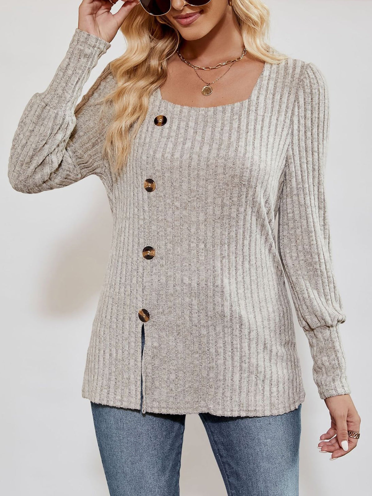 Square Neck Long Sleeve Button Decor Split Blouse