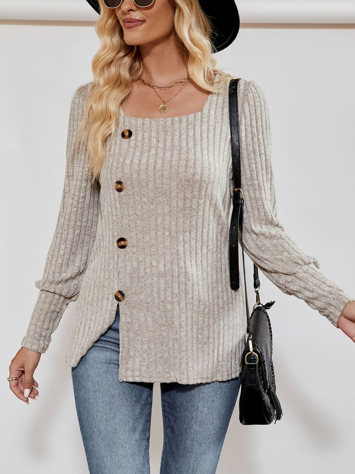 Square Neck Long Sleeve Button Decor Split Blouse