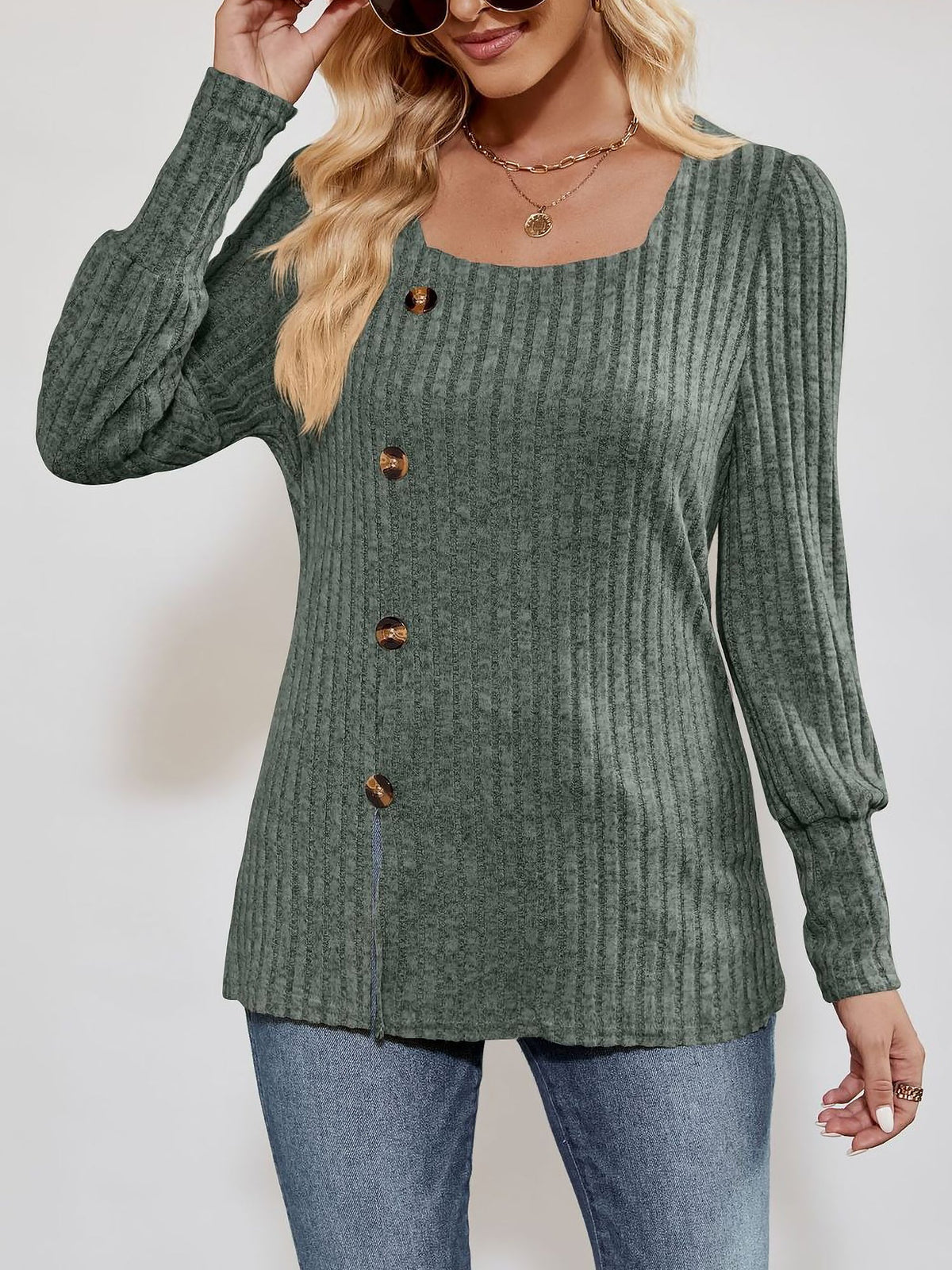 Square Neck Long Sleeve Button Decor Split Blouse