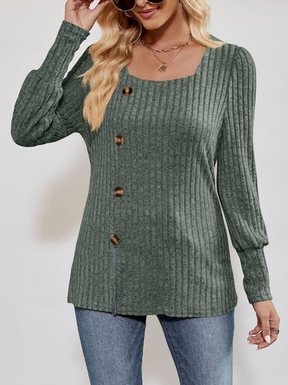 Square Neck Long Sleeve Button Decor Split Blouse