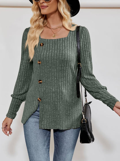 Square Neck Long Sleeve Button Decor Split Blouse