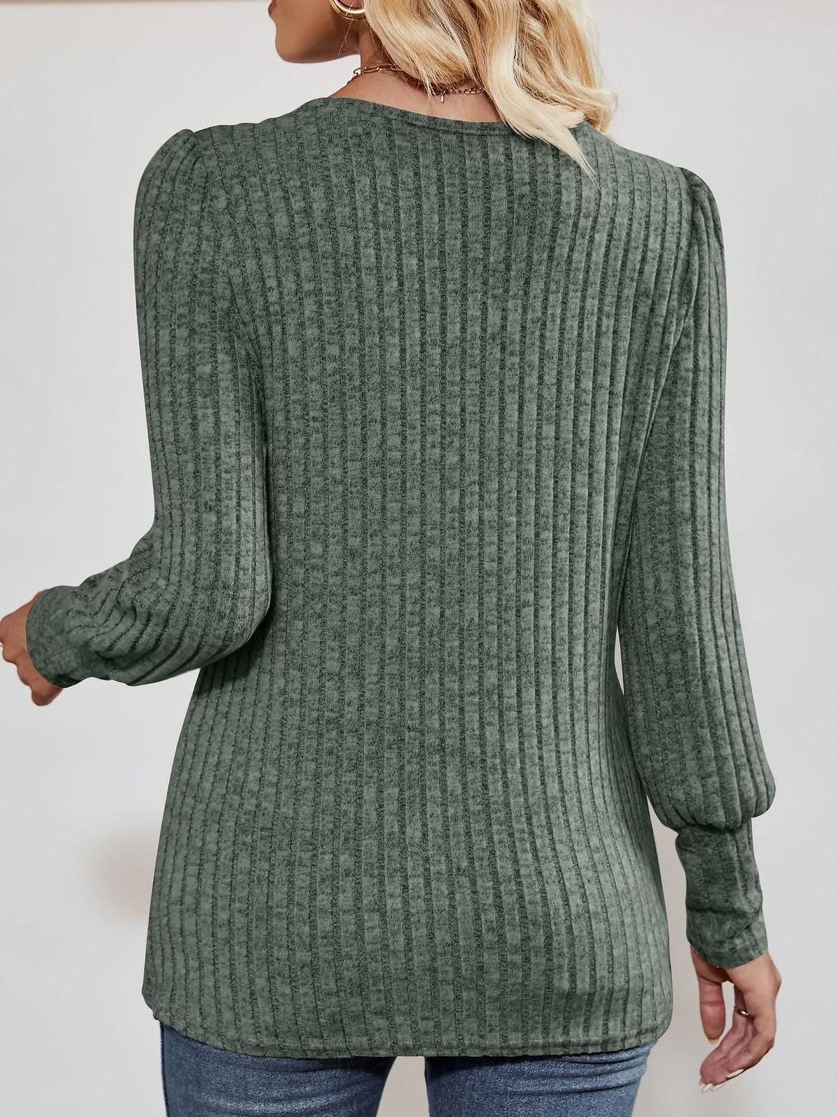 Square Neck Long Sleeve Button Decor Split Blouse