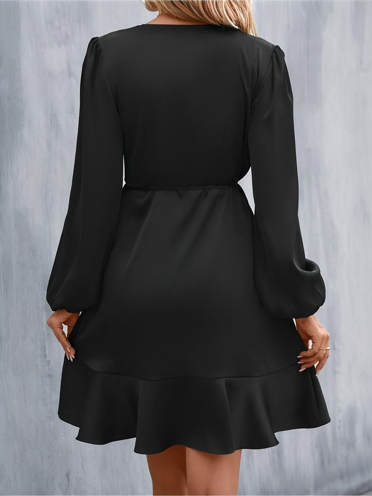 V Neck Satin Puff Long Sleeves Wrap Dress