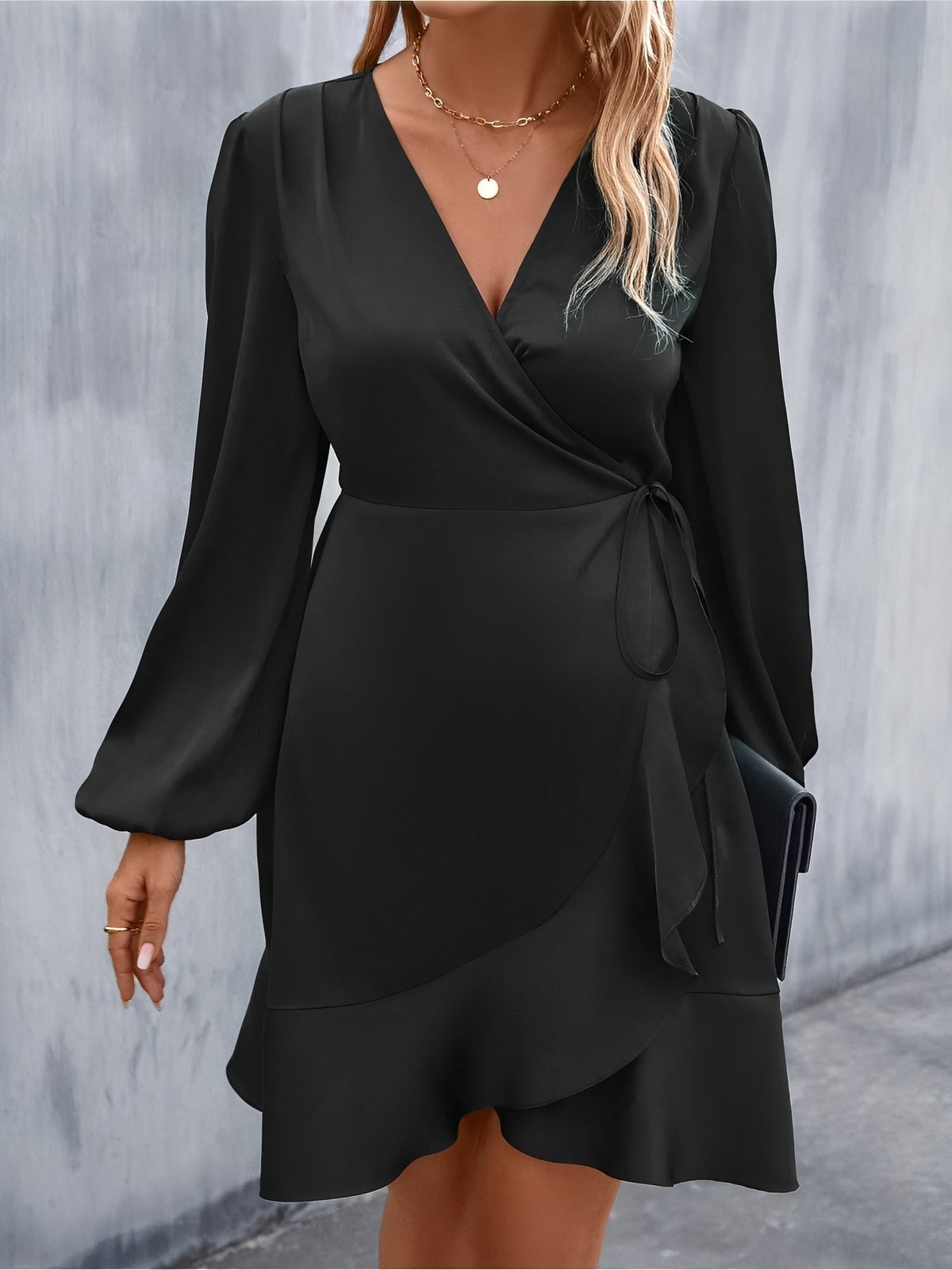 V Neck Satin Puff Long Sleeves Wrap Dress