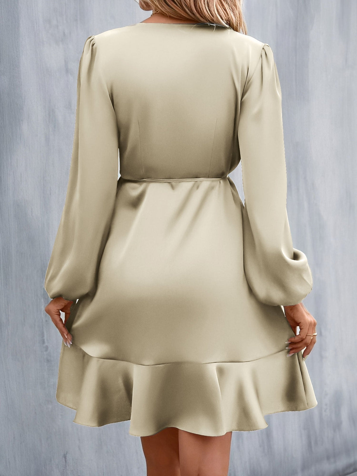 V Neck Satin Puff Long Sleeves Wrap Dress