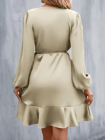 V Neck Satin Puff Long Sleeves Wrap Dress