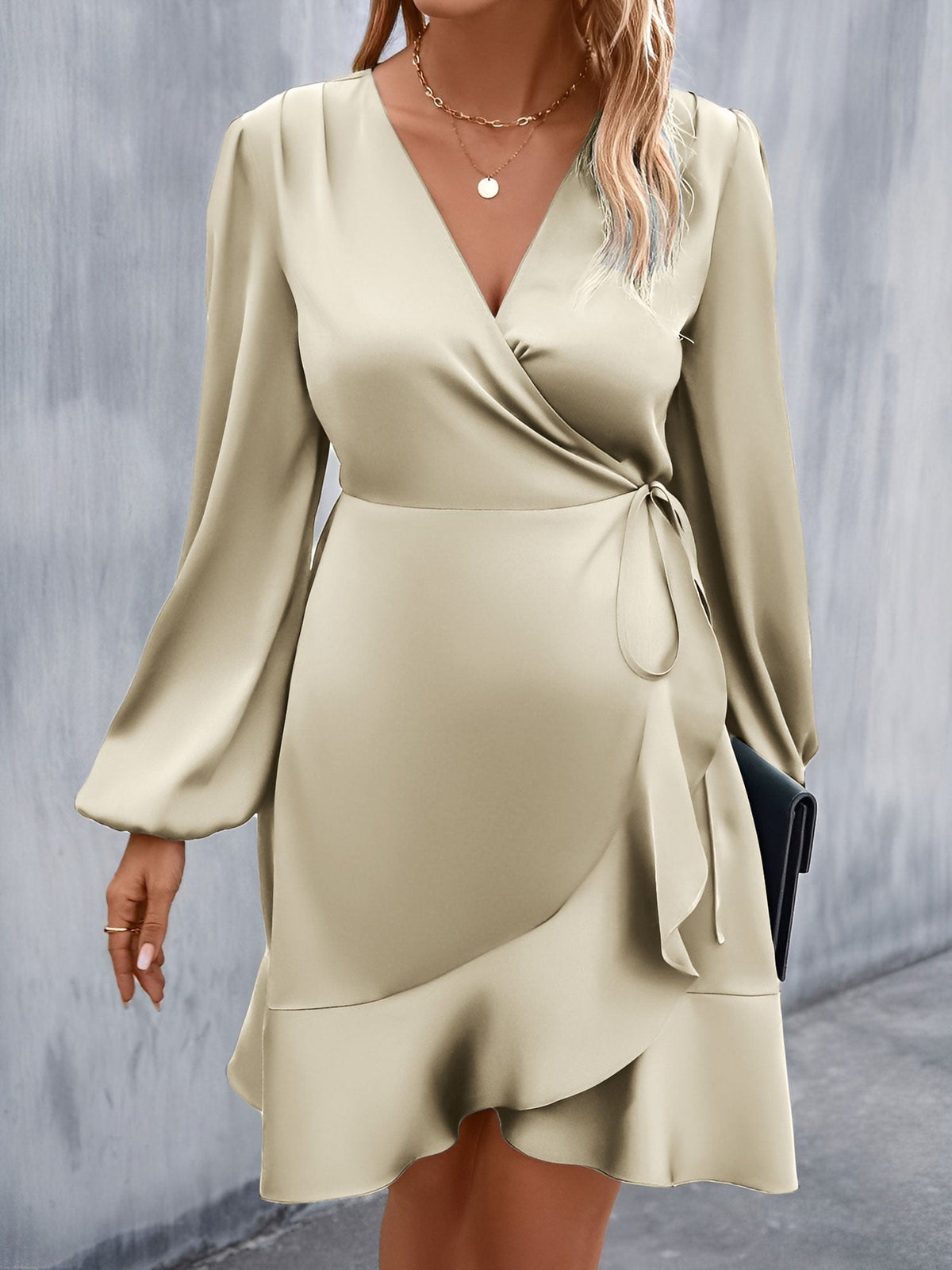 V Neck Satin Puff Long Sleeves Wrap Dress
