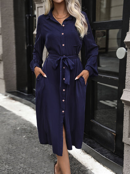 Collared Long Sleeves Pockets Midi Shirt Dress
