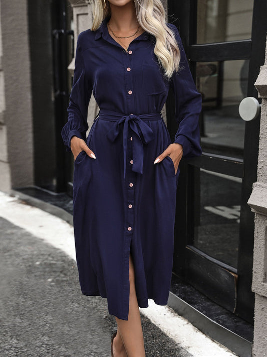 Collared Long Sleeves Pockets Midi Shirt Dress