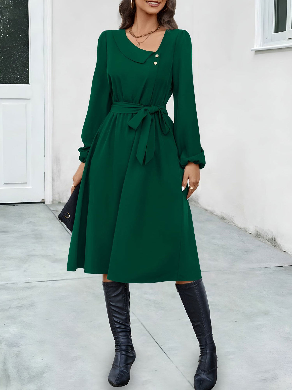 Irregular Collar Button Long Sleeve Midi A-Line Dress