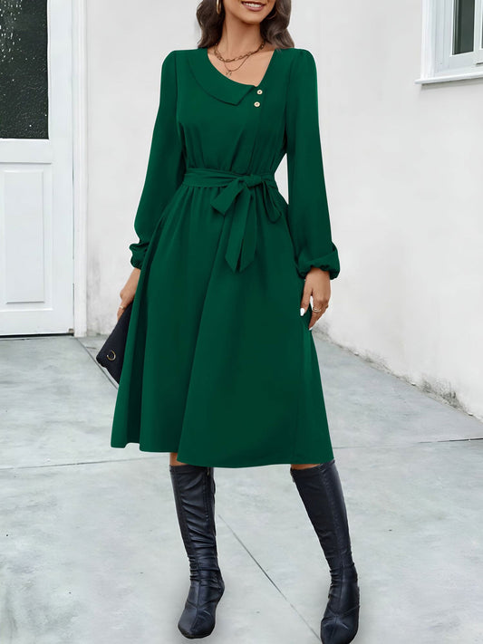 Irregular Collar Button Long Sleeve Midi A-Line Dress