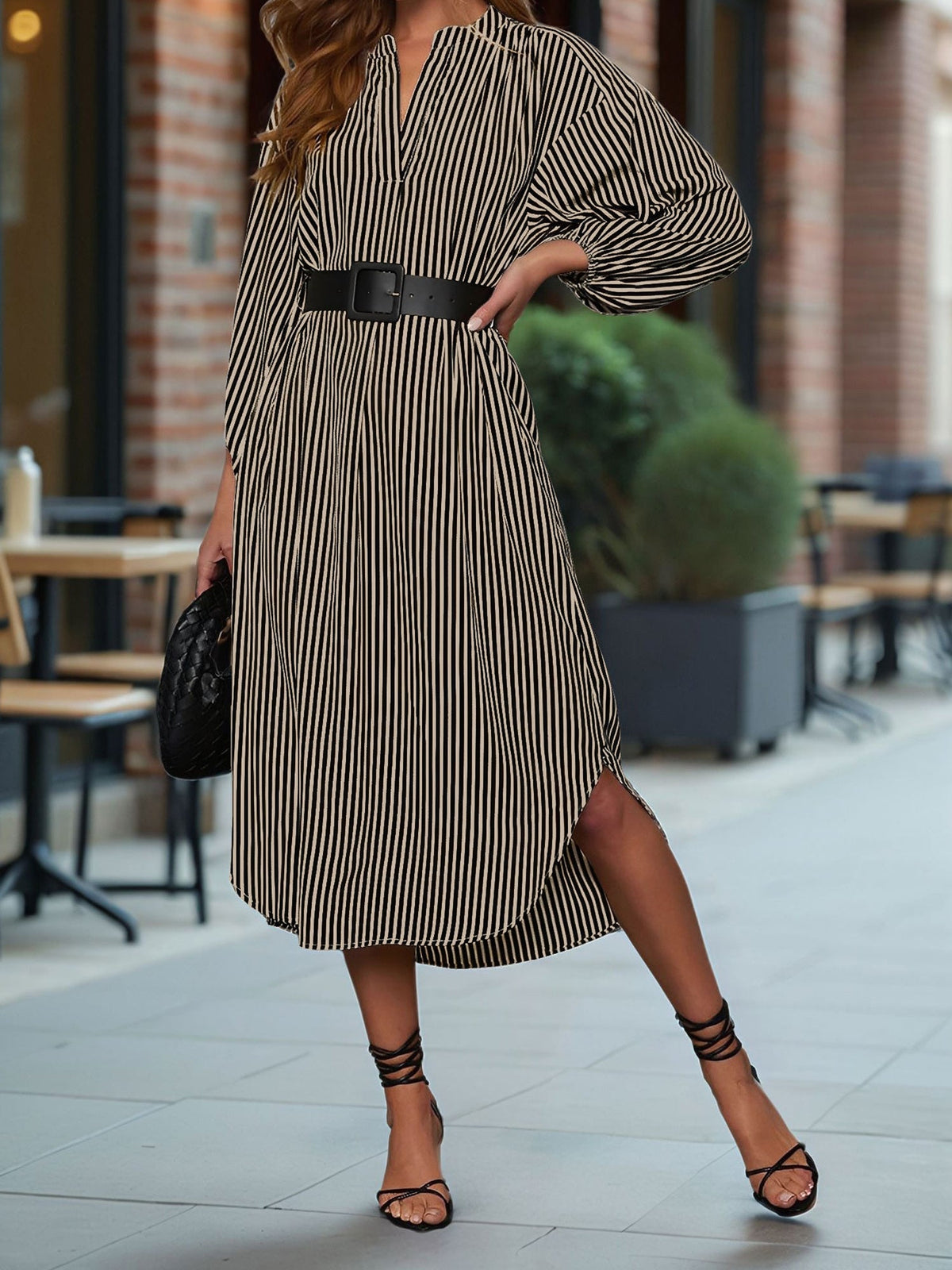 Striped Notch Neck Long Sleeves Belted Pockets Dress