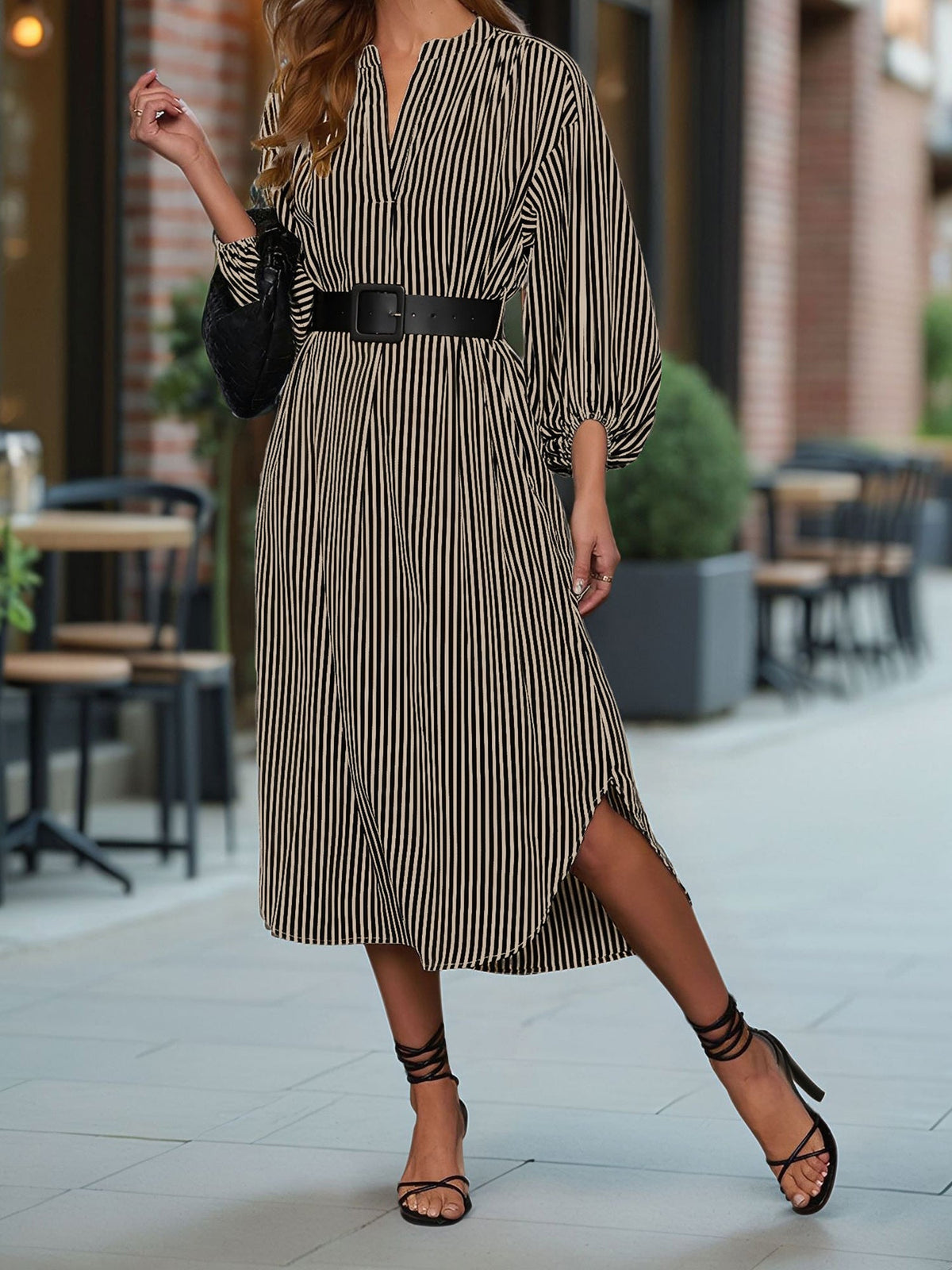 Striped Notch Neck Long Sleeves Belted Pockets Dress