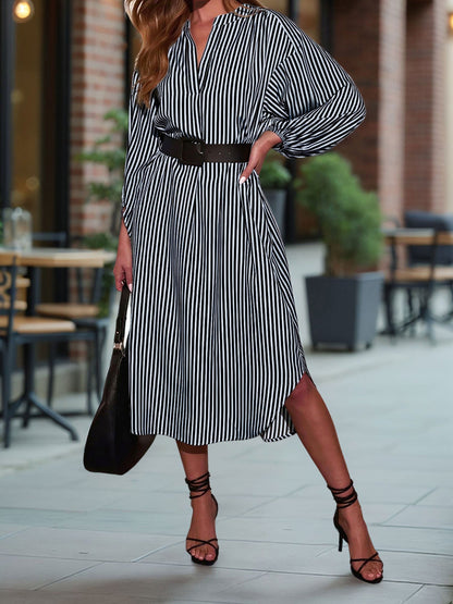 Striped Notch Neck Long Sleeves Belted Pockets Dress
