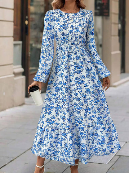 Floral Round Neck Puff Long Sleeve Midi Dress