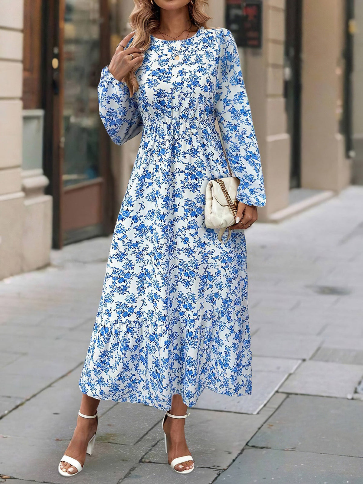 Floral Round Neck Puff Long Sleeve Midi Dress