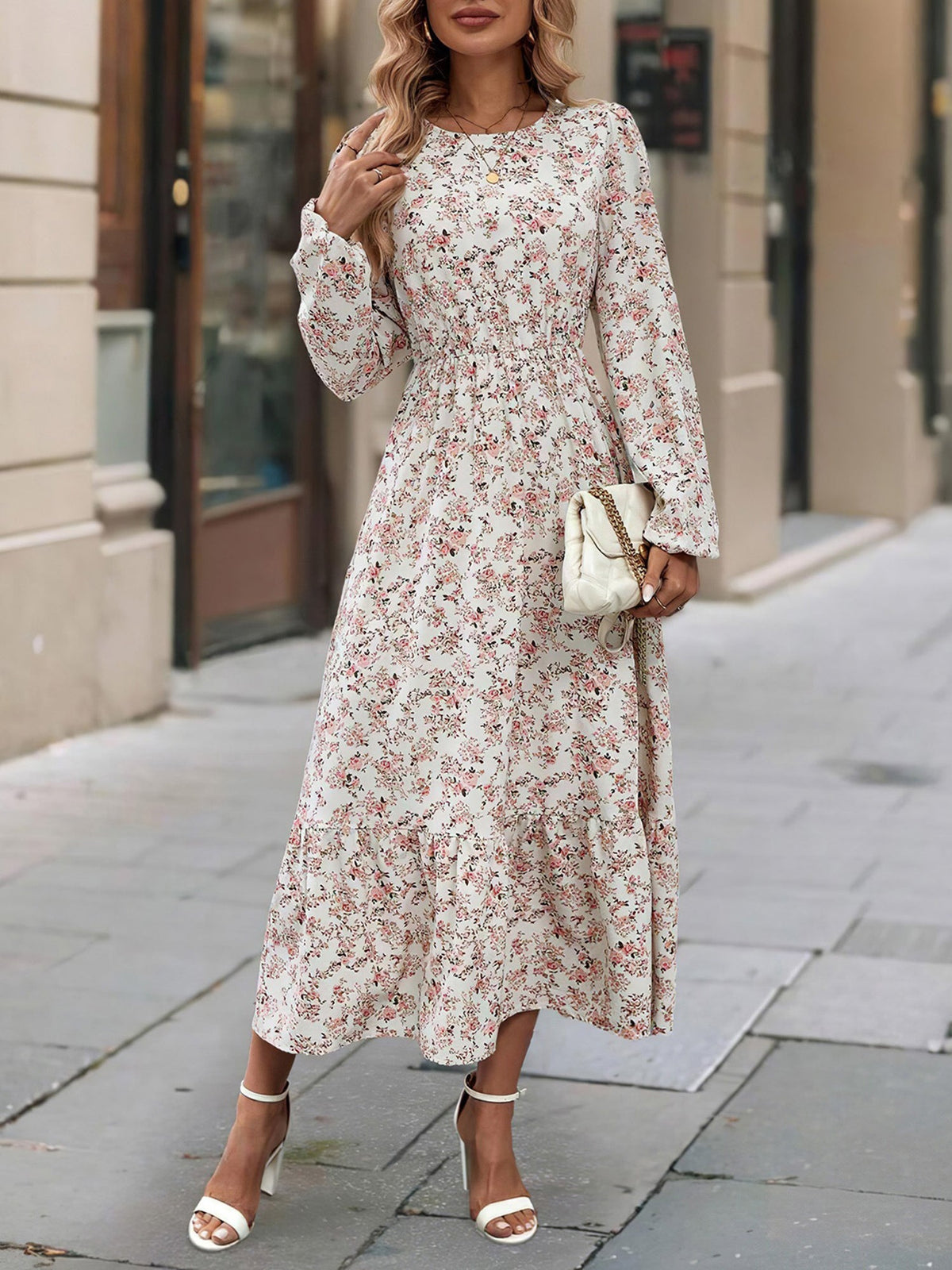 Floral Round Neck Puff Long Sleeve Midi Dress