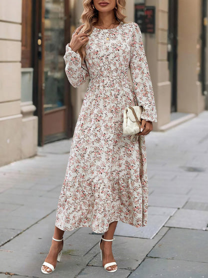 Floral Round Neck Puff Long Sleeve Midi Dress