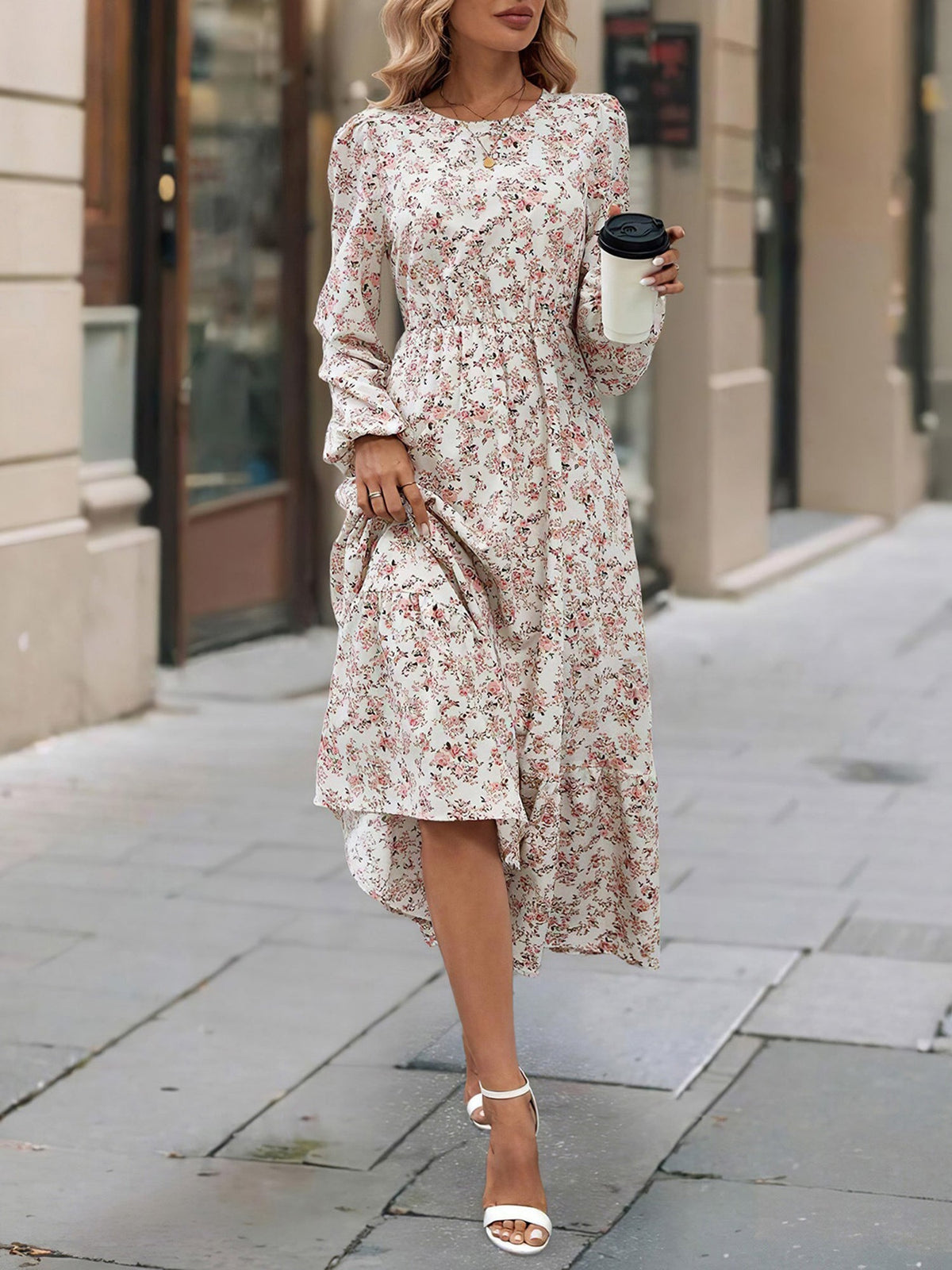 Floral Round Neck Puff Long Sleeve Midi Dress