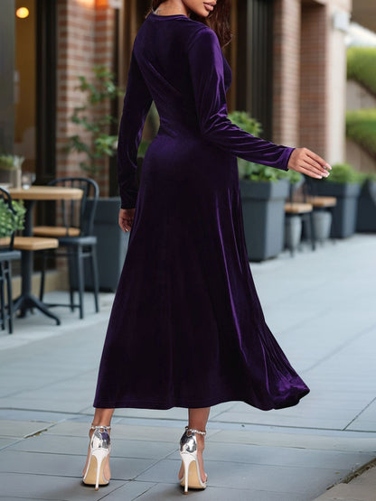 V Neck Long Sleeves Velvet A-Line Maxi Dress