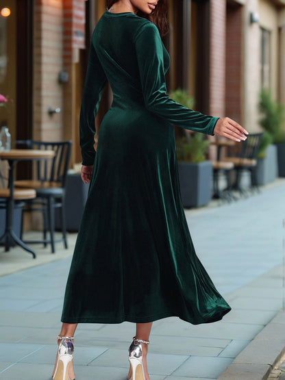 V Neck Long Sleeves Velvet A-Line Maxi Dress