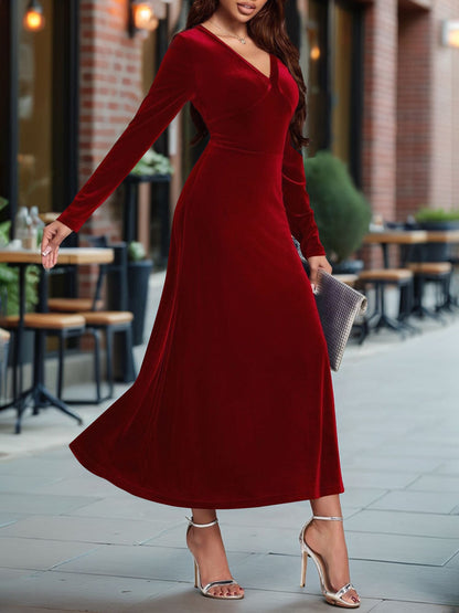 V Neck Long Sleeves Velvet A-Line Maxi Dress
