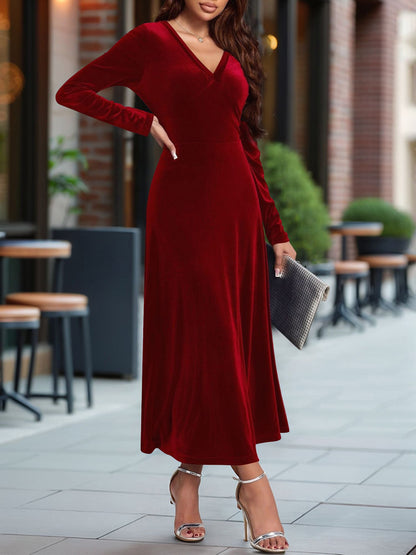 V Neck Long Sleeves Velvet A-Line Maxi Dress