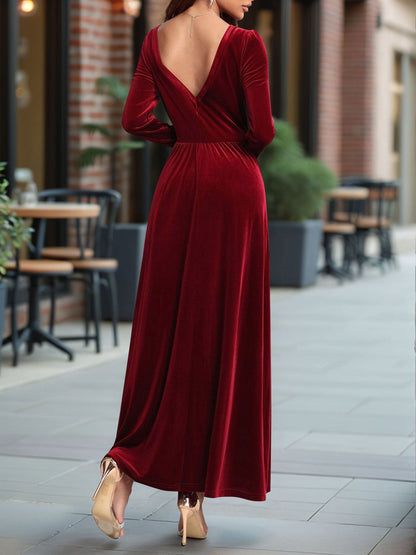 Velvet Backless Square Neck Long Sleeves A-Line Maxi Dress
