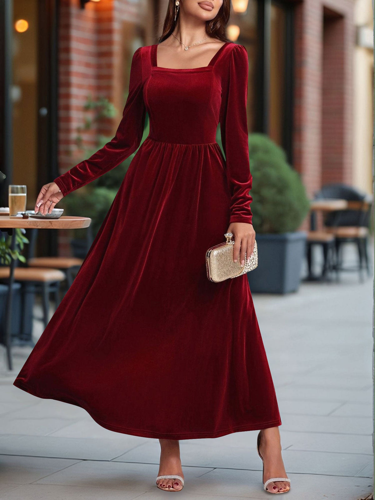 Velvet Backless Square Neck Long Sleeves A-Line Maxi Dress