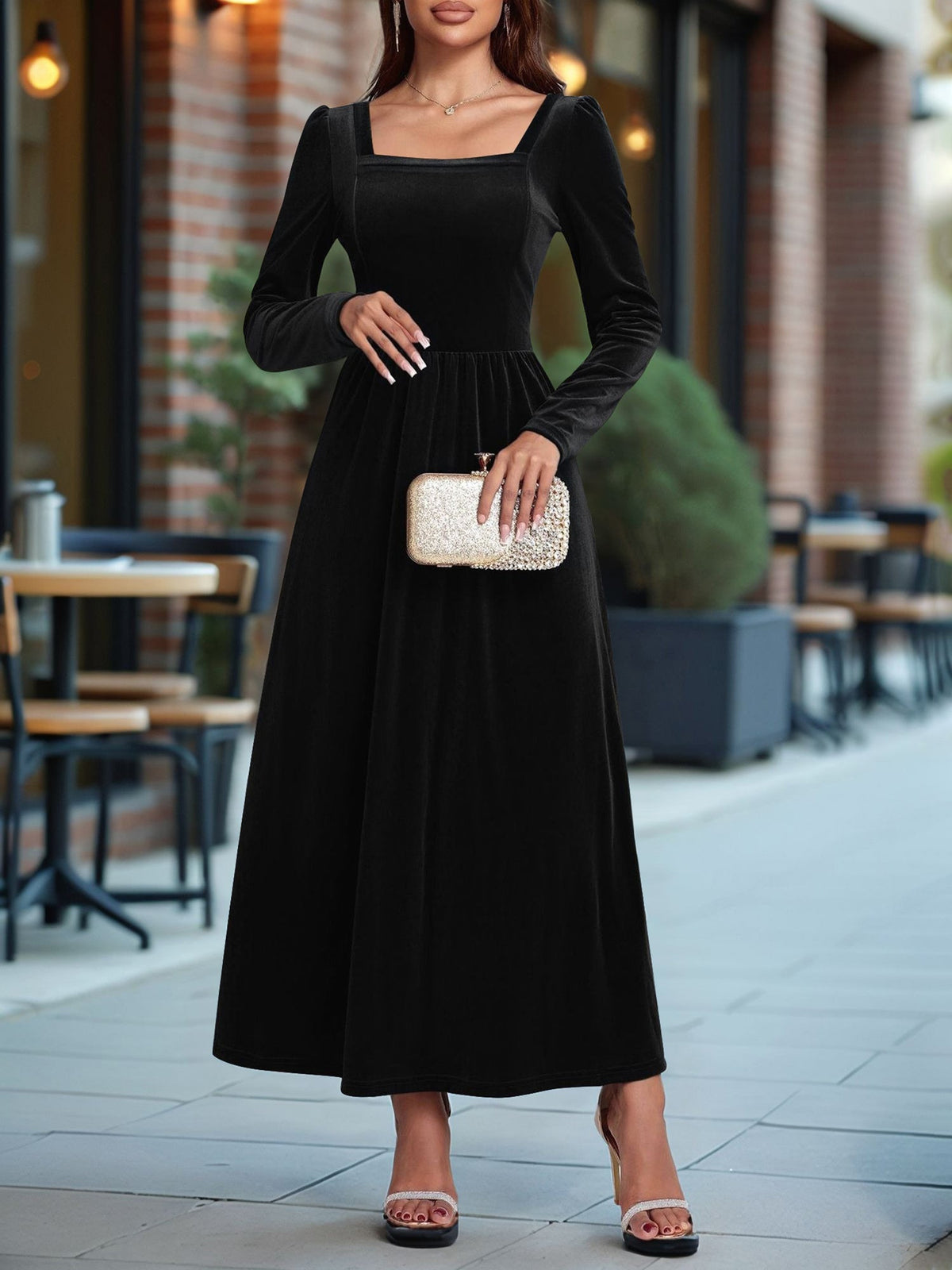 Velvet Backless Square Neck Long Sleeves A-Line Maxi Dress