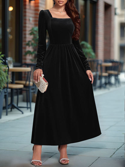 Velvet Backless Square Neck Long Sleeves A-Line Maxi Dress