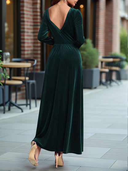 Velvet Backless Square Neck Long Sleeves A-Line Maxi Dress