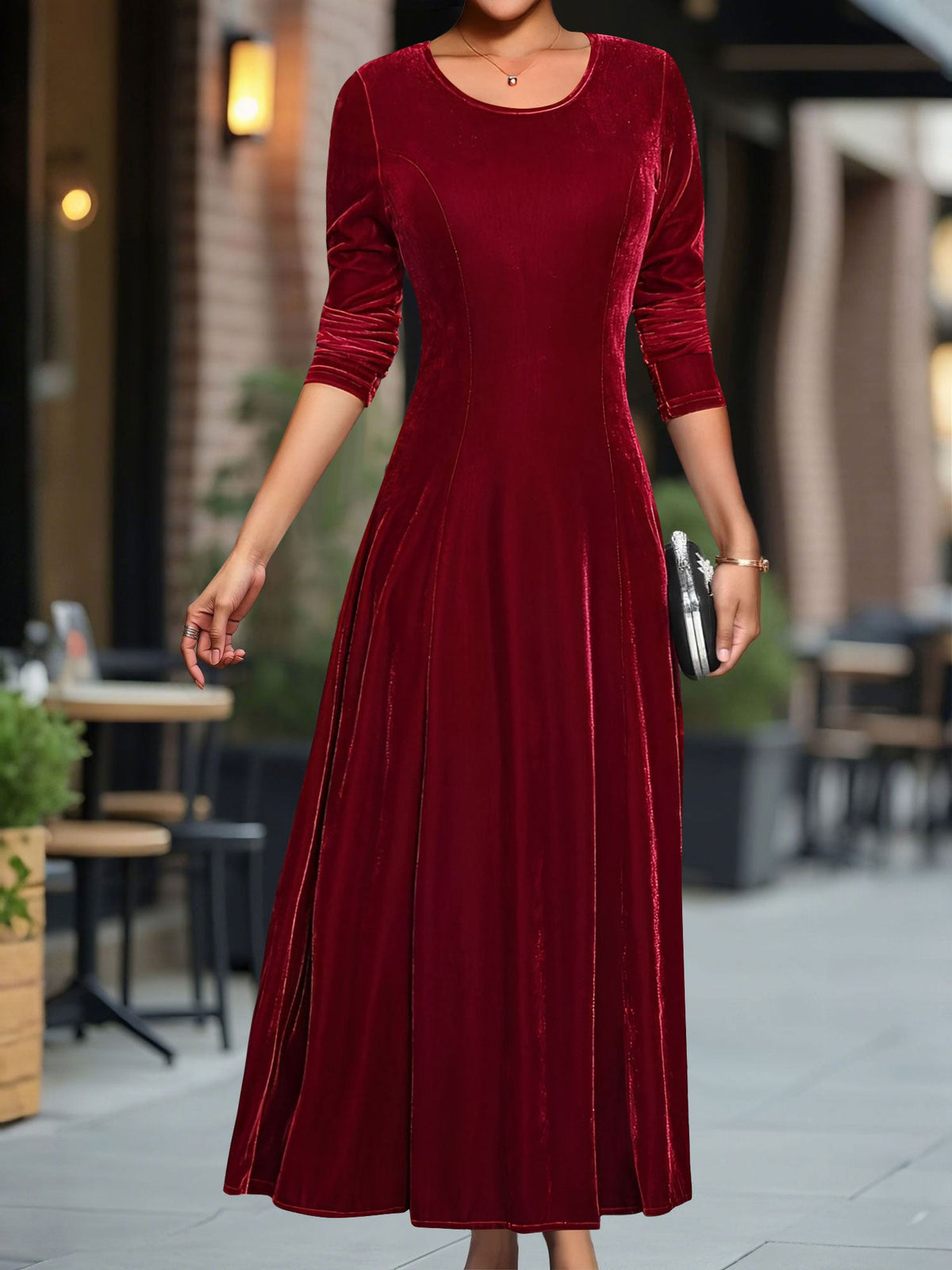 Round Neck Long Sleeves Maxi Velvet Dress