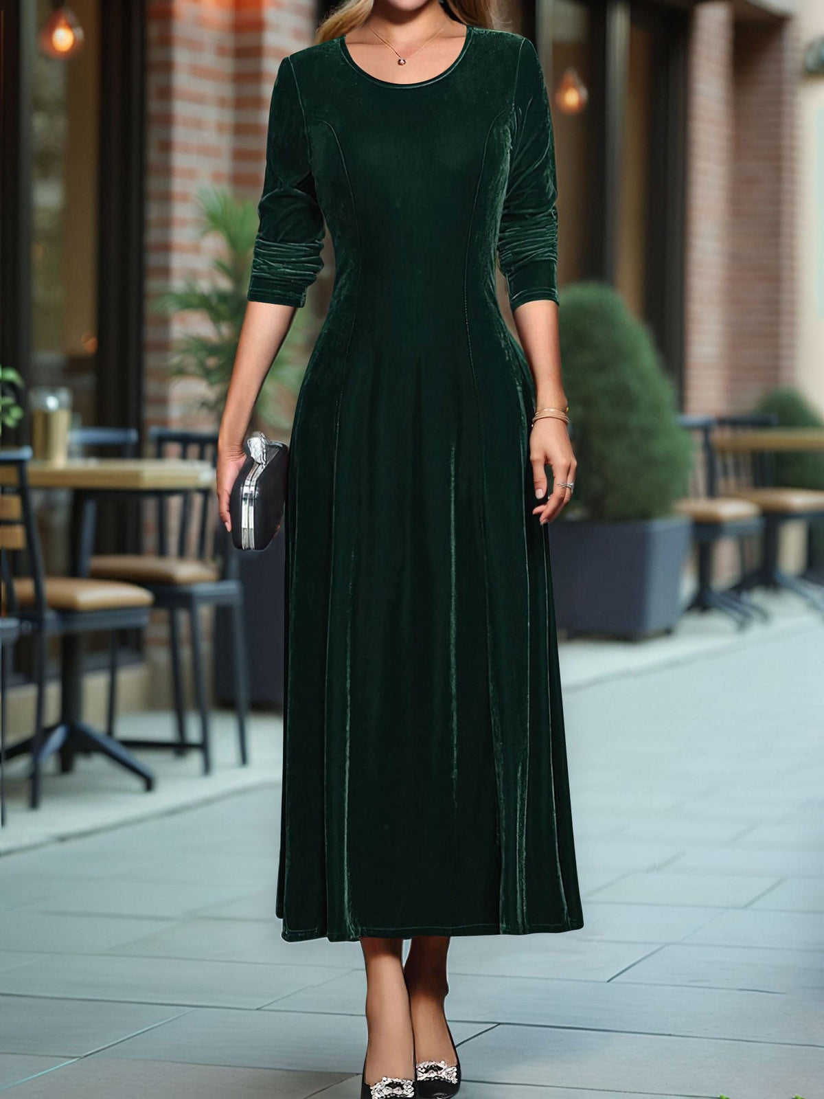 Round Neck Long Sleeves Maxi Velvet Dress
