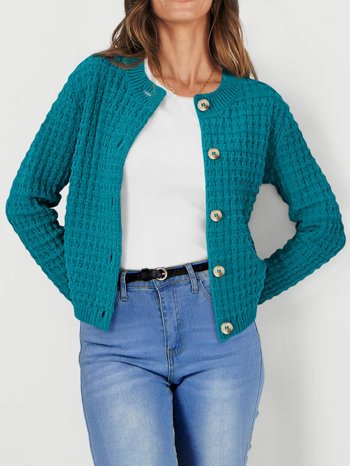 Round Neck Long Sleeves Button Down Knitted Cardigans