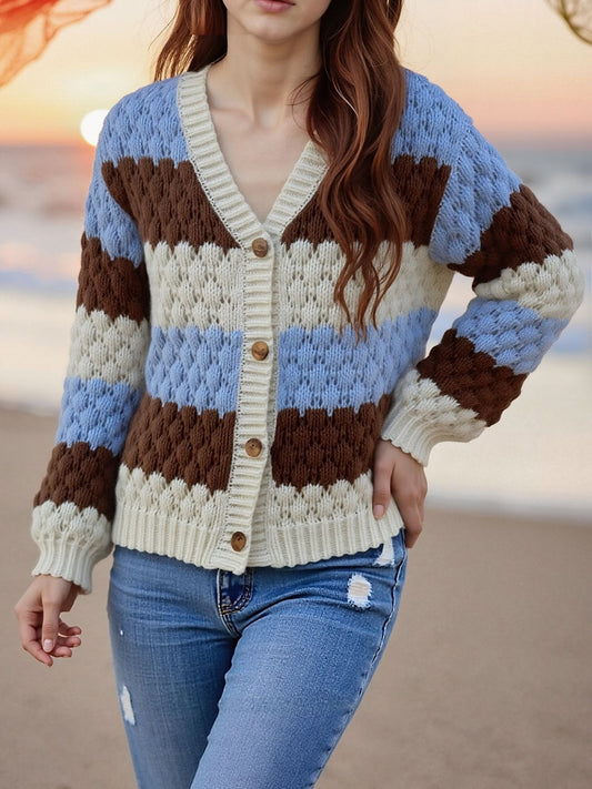 Colorblock Striped Long Sleeves Knitted Casual Cardigans
