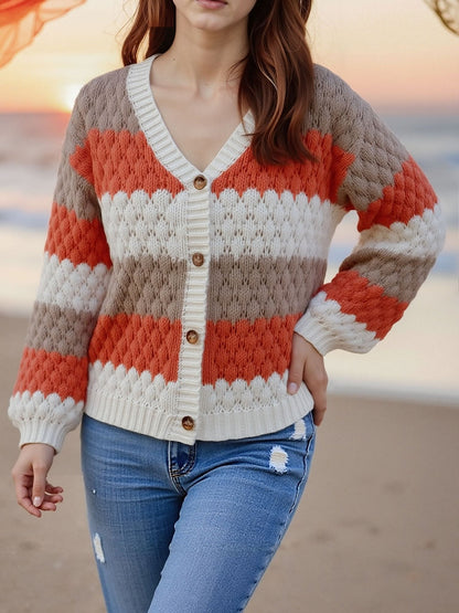 Colorblock Striped Long Sleeves Knitted Casual Cardigans