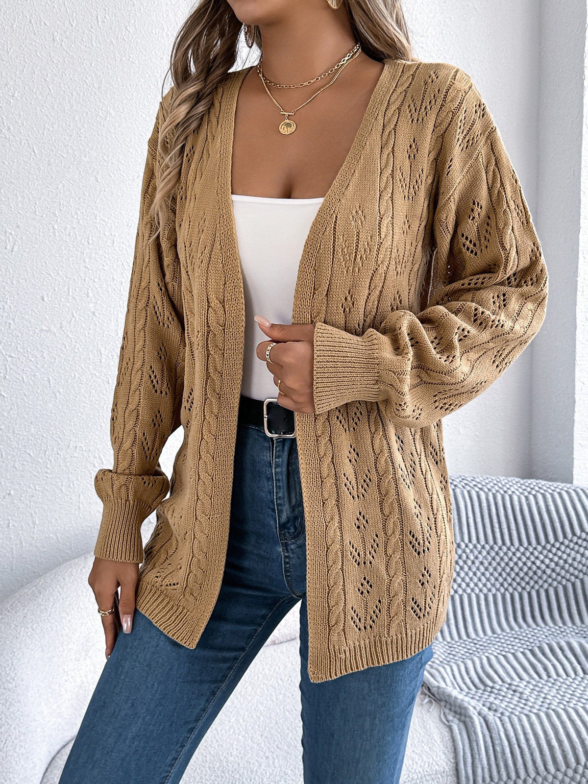 Casual Solid Color Hollow Long Sleeves Cardigan