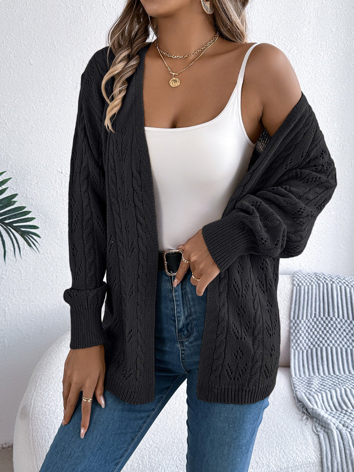 Casual Solid Color Hollow Long Sleeves Cardigan