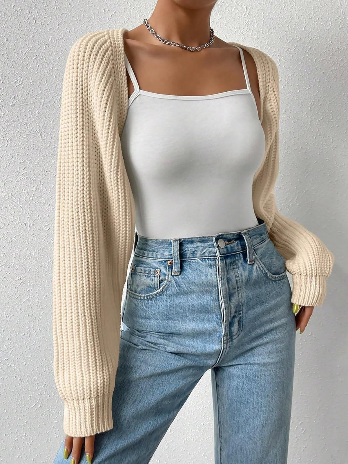 Ribbed Knit Open Front Long Sleeves Cardigan Shrugs