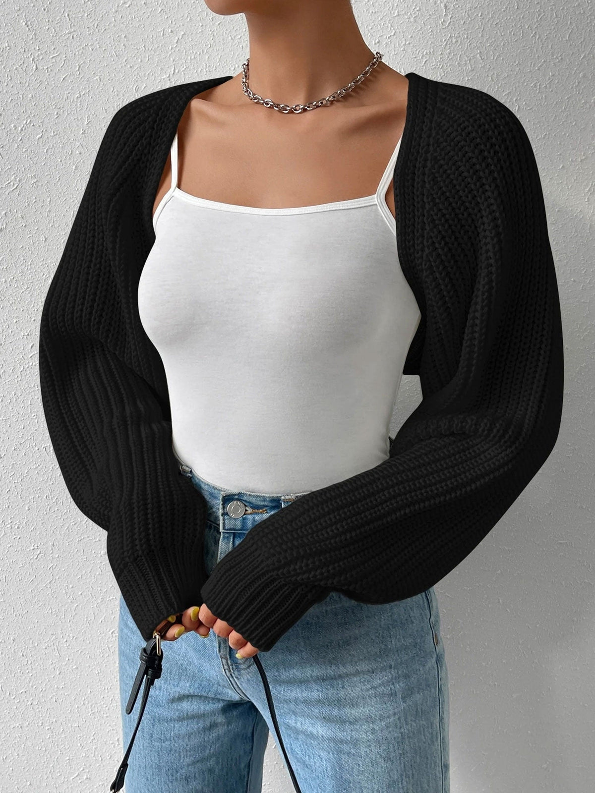Ribbed Knit Open Front Long Sleeves Cardigan Shrugs
