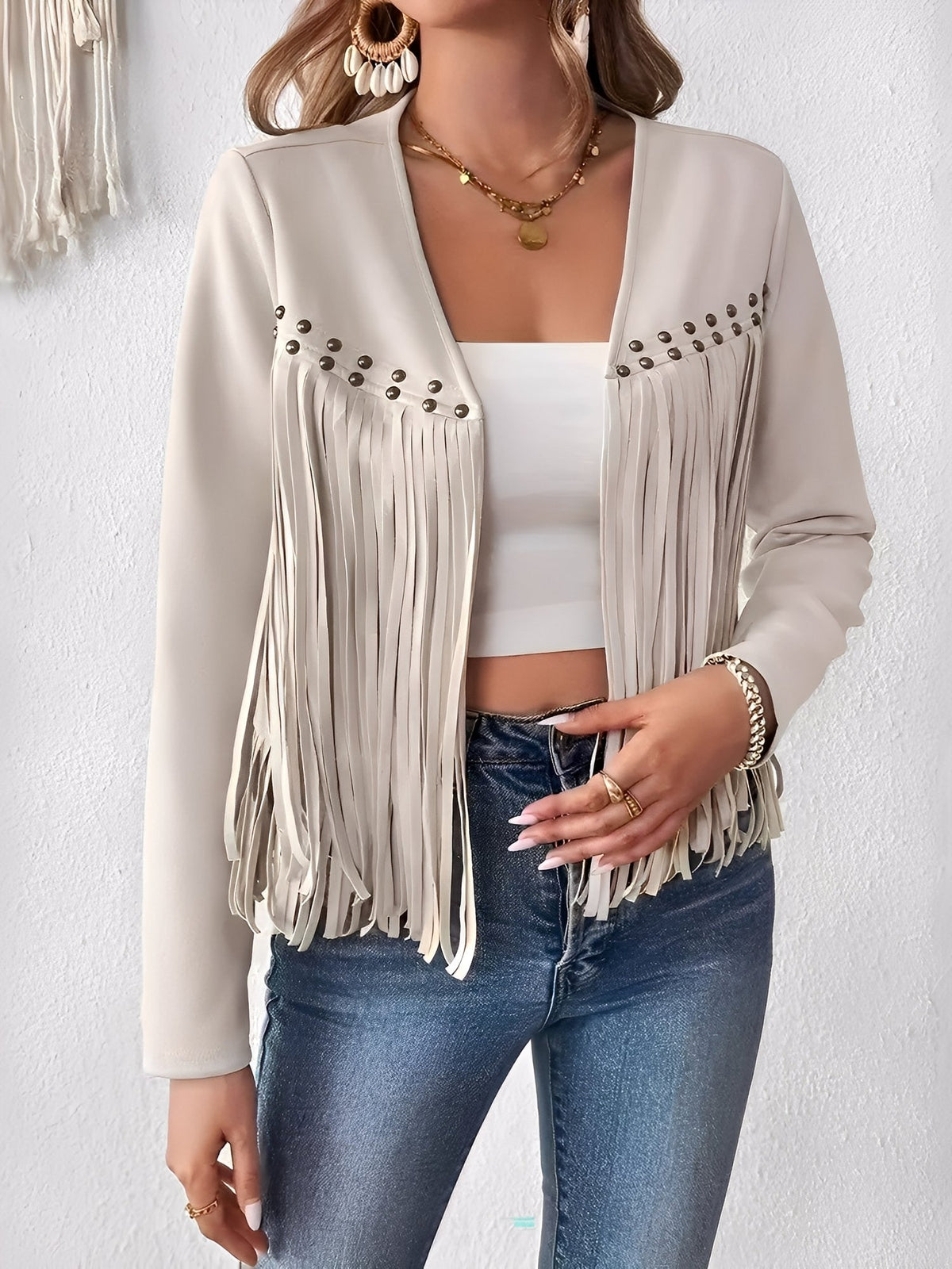 Faux Suede Cow Girl Tassel Copped Jacket