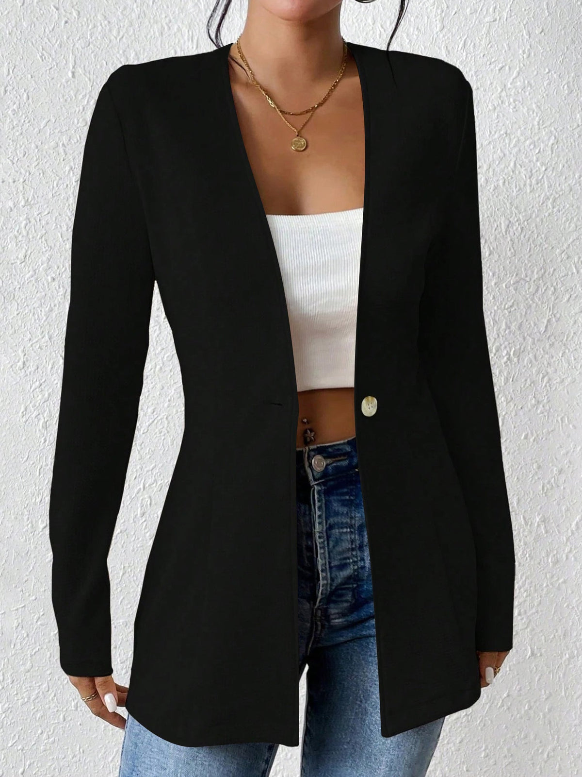Single Button Solid Color Long Sleeve Jacket