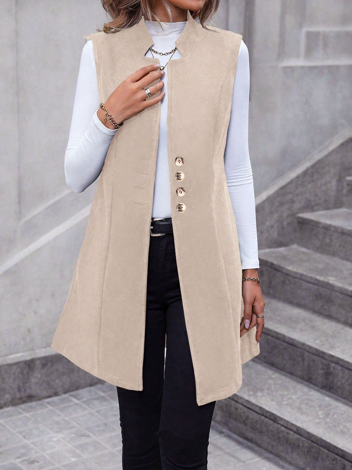 Solid Color Sleeveless Pockets Mid-Length Vest